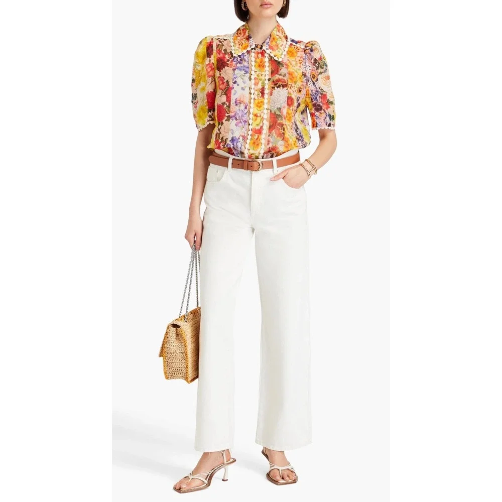Zimmermann Raffia Trimmed Floral Ramie Shirt Yellow Multi Size 3/ Large/ US 10
